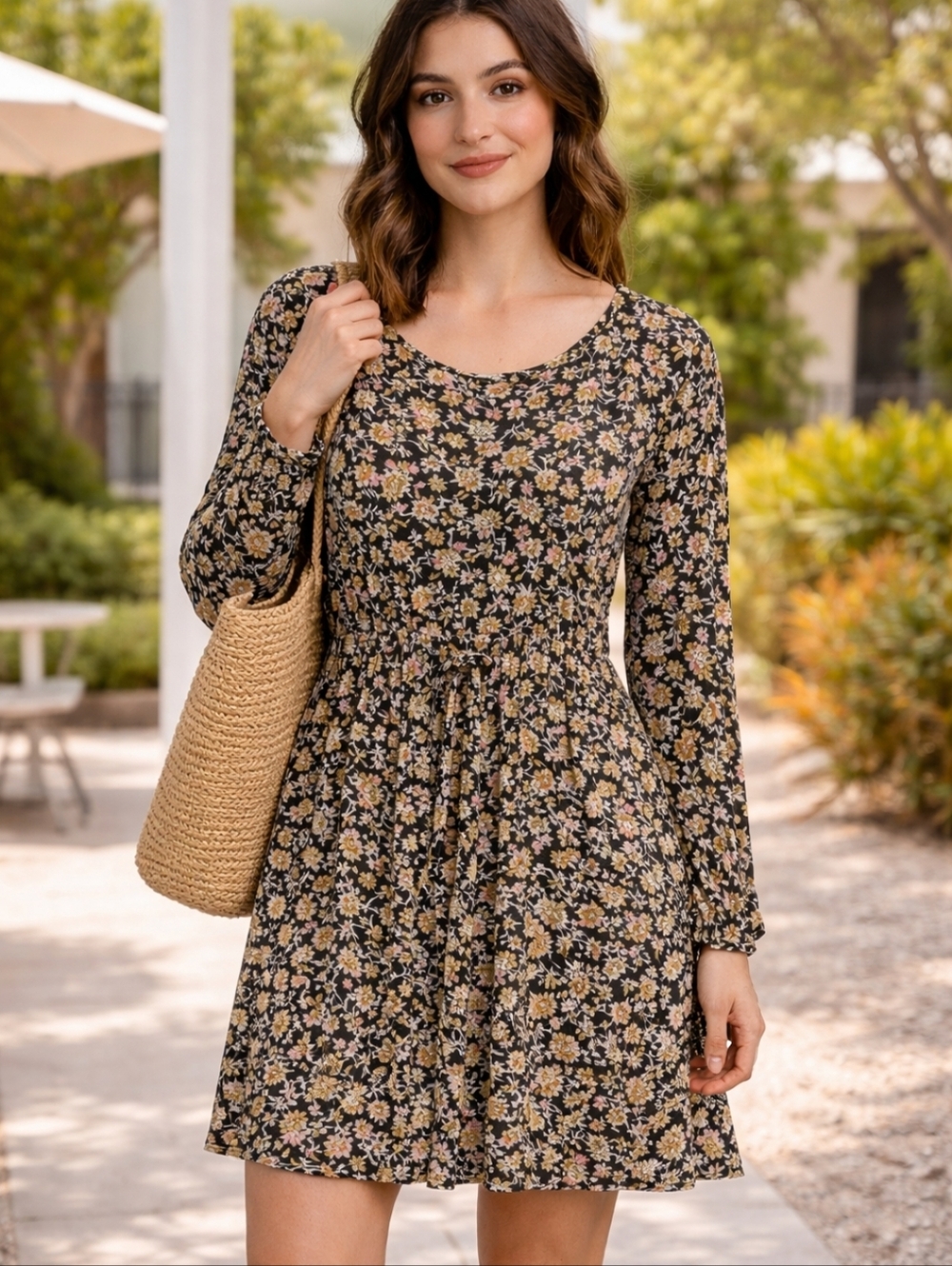 Loft Floral Drawstring Waist Dress Size Large Casual Boho Flowy Babydoll